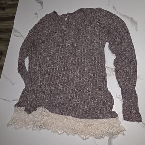 Vanity Purple Long Sleeve Blouse with Cream Lace Hem